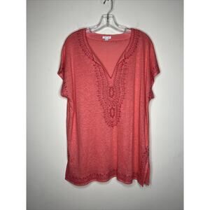 J Jill Love Linen Womens Shirt Size Large Orange Embroidered Beaded Short Sleeve